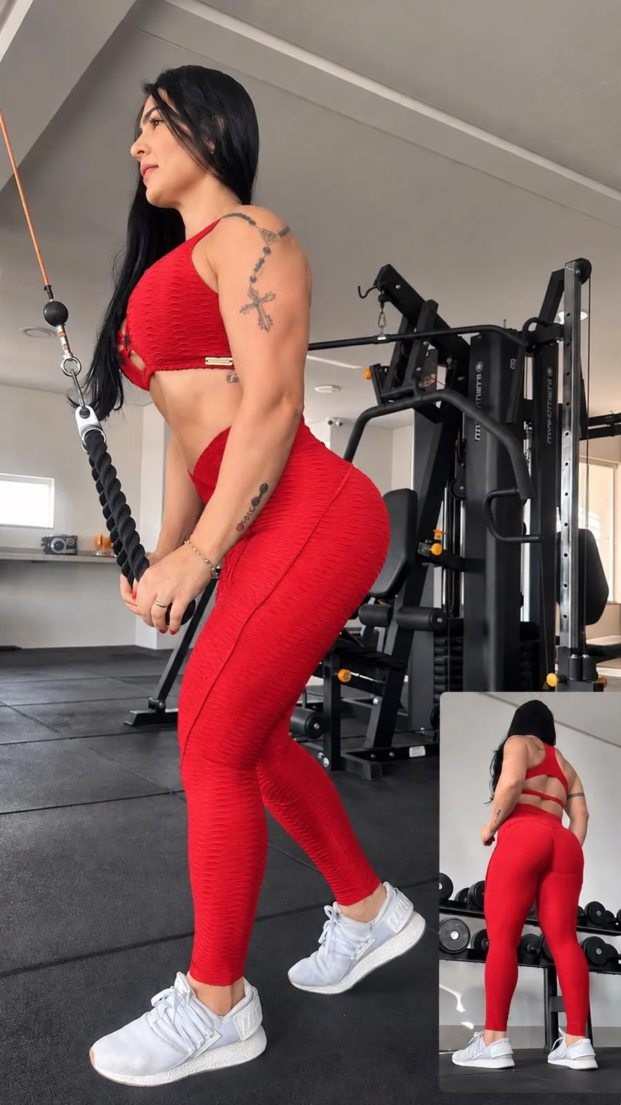 Cliente treinando com o Conjunto Calça Wahoo vermelho